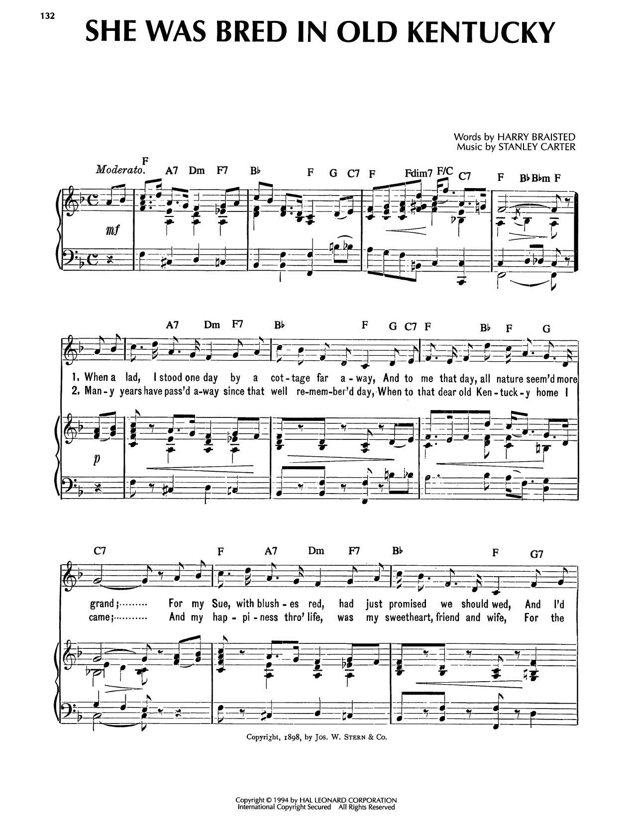 Stanley Carter She Was Bred In Old Kentucky sheet music notes and chords arranged for Piano, Vocal & Guitar Chords (Right-Hand Melody)