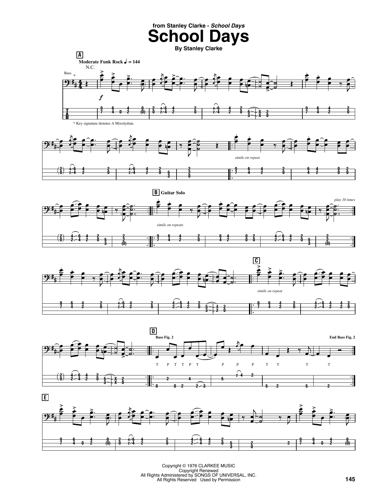 Stanley Clarke School Days sheet music notes and chords arranged for Bass Guitar Tab