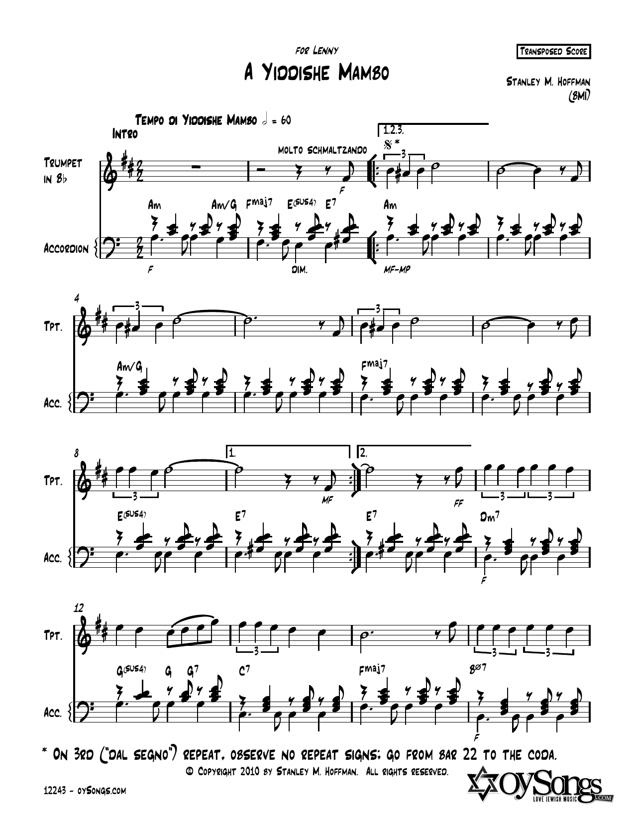 Stanley F. Hoffman A Yiddishe Mambo sheet music notes and chords arranged for Instrumental Duet