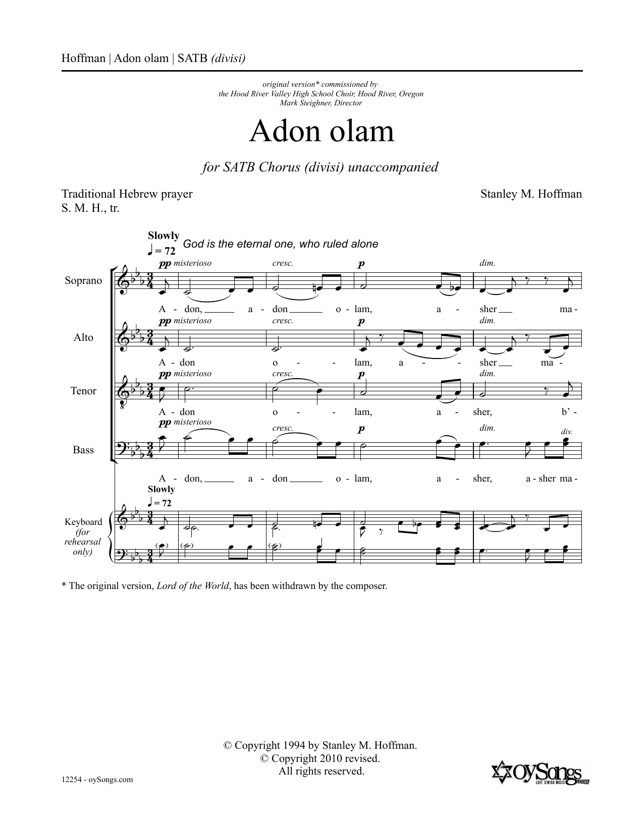 Stanley F. Hoffman Adon Olam sheet music notes and chords arranged for SATB Choir