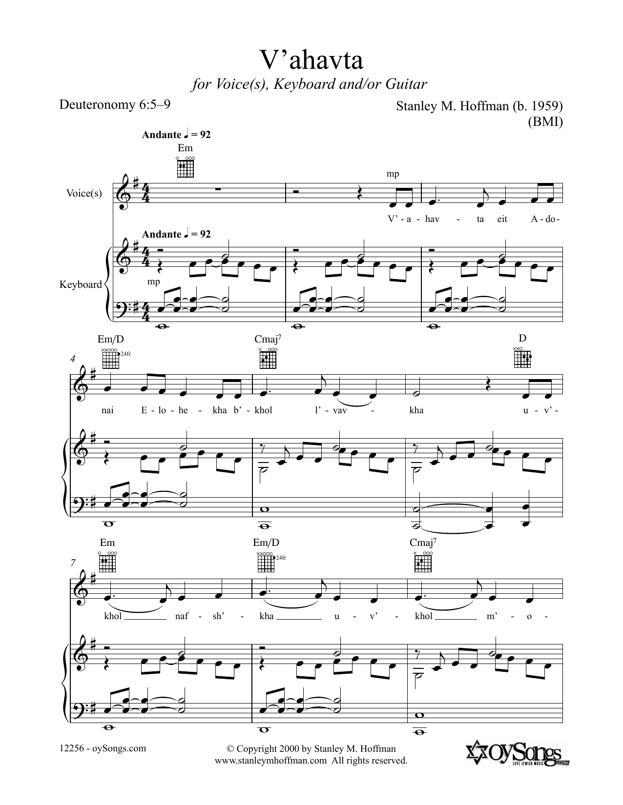 Stanley F. Hoffman V'ahatva sheet music notes and chords arranged for Piano, Vocal & Guitar Chords (Right-Hand Melody)