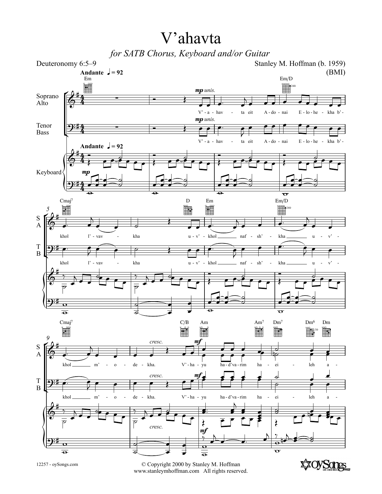 Stanley F. Hoffman V'ahavta sheet music notes and chords arranged for SATB Choir