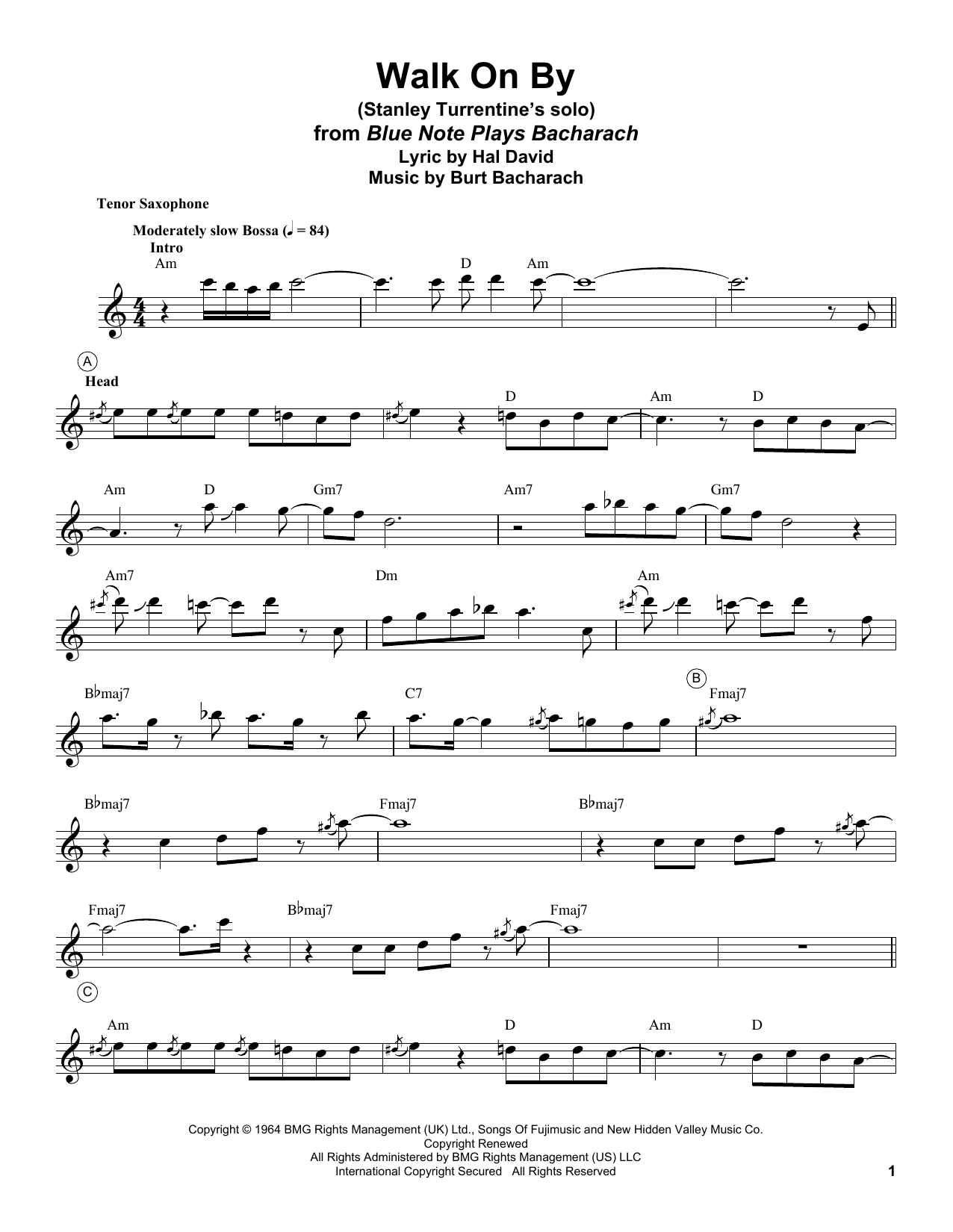 Stanley Turrentine Walk On By sheet music notes and chords arranged for Tenor Sax Transcription