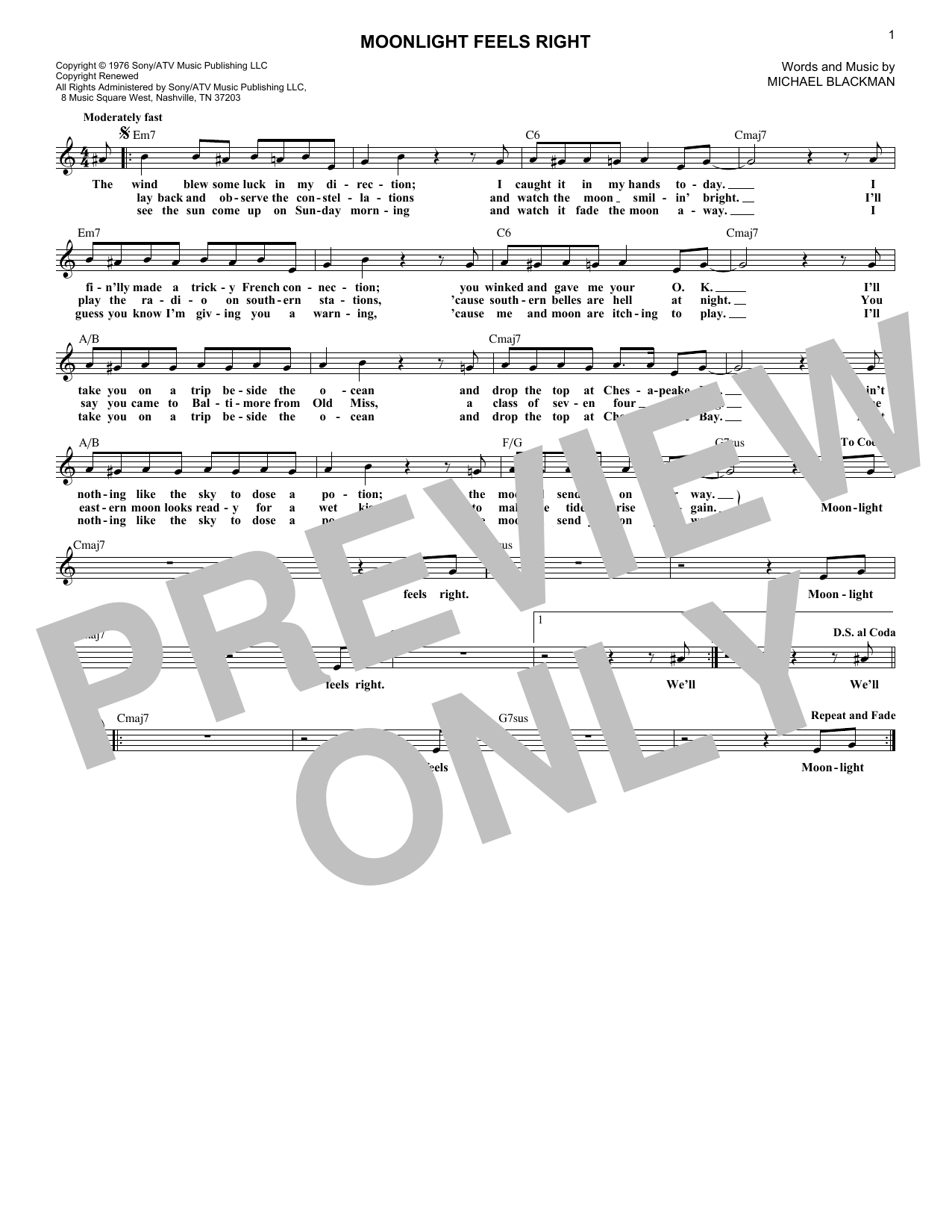 Starbuck Moonlight Feels Right sheet music notes and chords arranged for Lead Sheet / Fake Book