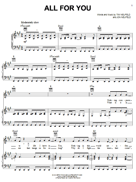 Starfield All For You sheet music notes and chords arranged for Piano, Vocal & Guitar Chords (Right-Hand Melody)