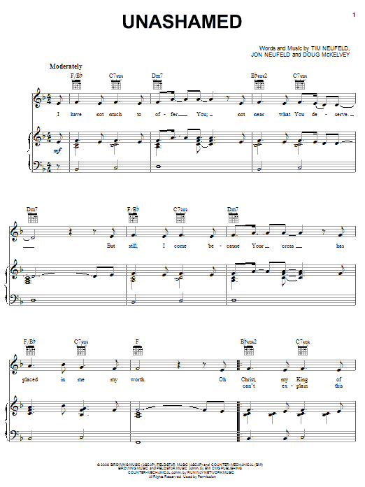 Starfield Unashamed sheet music notes and chords arranged for Piano, Vocal & Guitar Chords (Right-Hand Melody)