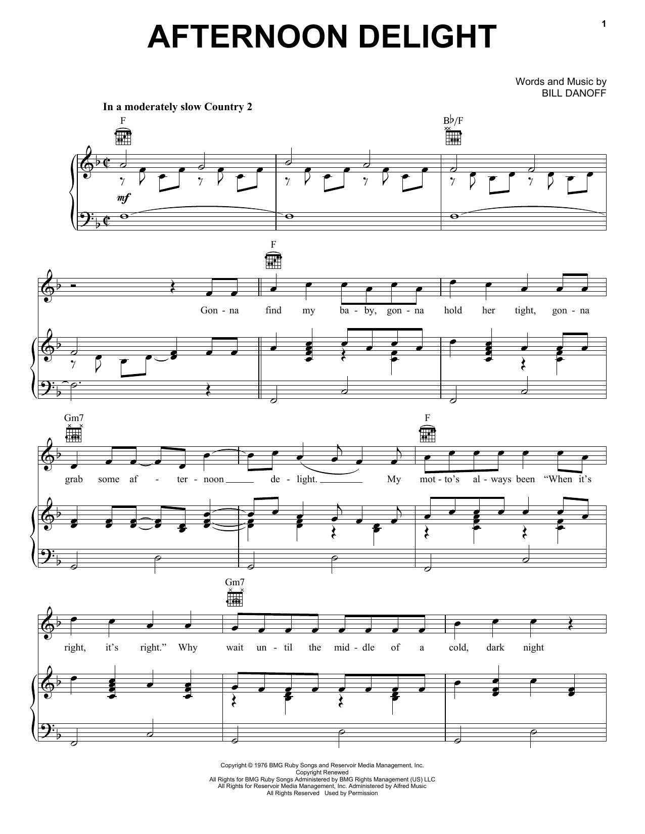 Starland Vocal Band Afternoon Delight sheet music notes and chords arranged for Piano, Vocal & Guitar Chords