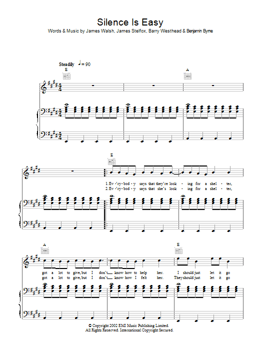 Starsailor Silence Is Easy sheet music notes and chords arranged for Piano, Vocal & Guitar Chords