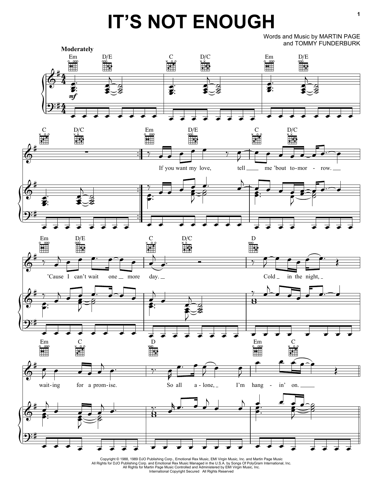Starship It's Not Enough sheet music notes and chords arranged for Piano, Vocal & Guitar Chords (Right-Hand Melody)