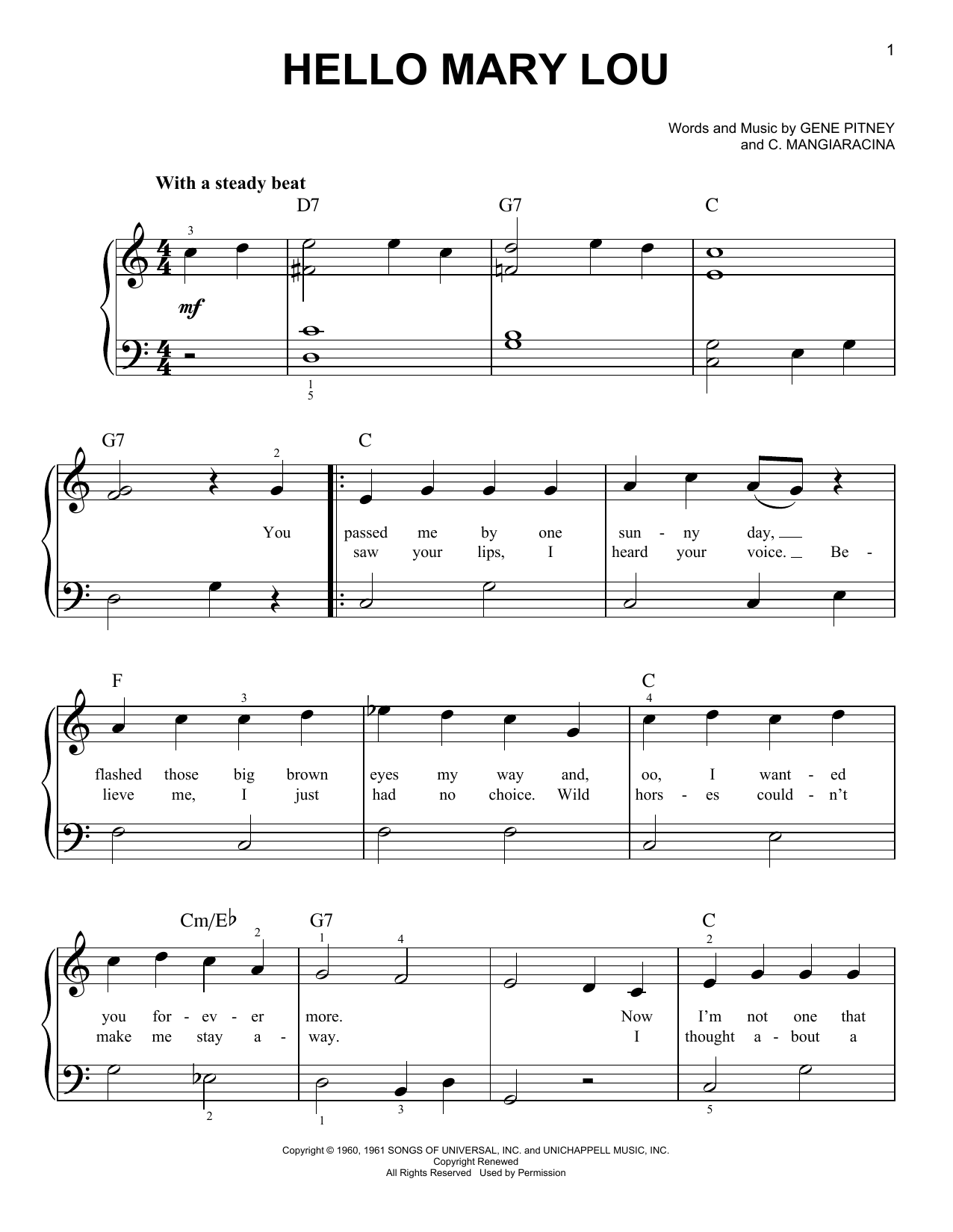 The Statler Brothers Hello Mary Lou sheet music notes and chords arranged for Very Easy Piano