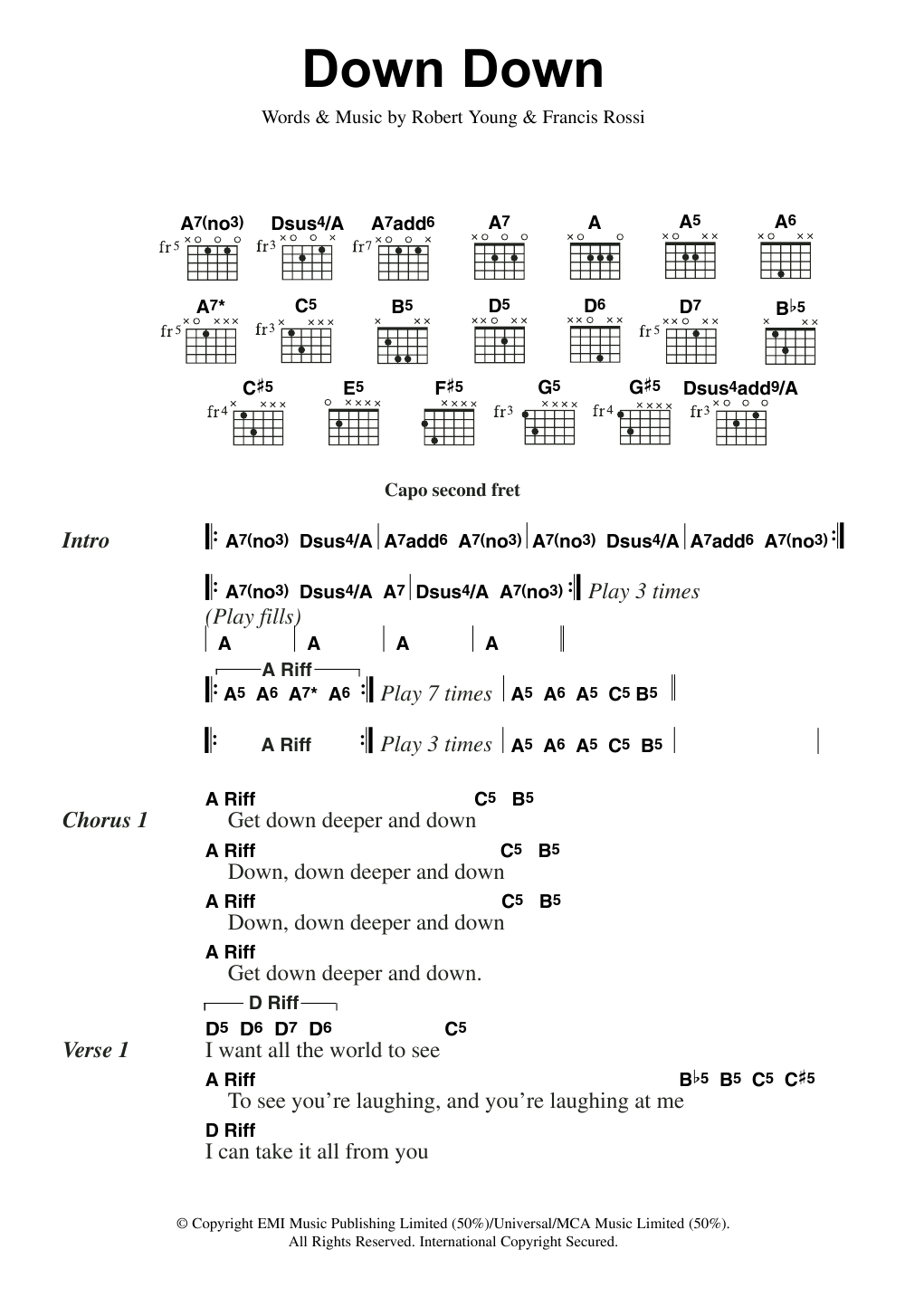 Status Quo Down Down sheet music notes and chords arranged for Guitar Chords/Lyrics