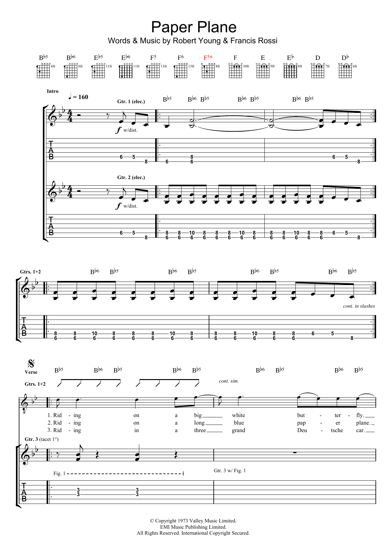 Status Quo Paper Plane sheet music notes and chords arranged for Guitar Chords/Lyrics