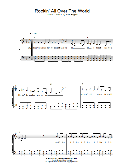 Status Quo Rockin' All Over The World sheet music notes and chords arranged for Beginner Piano