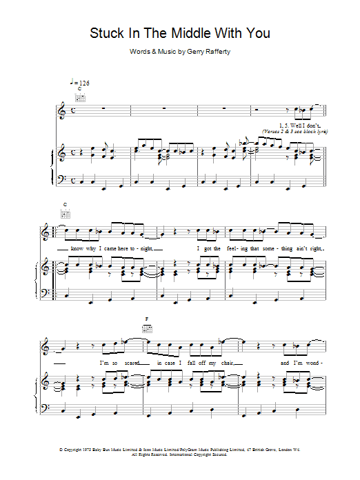 Stealers Wheel Stuck In The Middle With You sheet music notes and chords arranged for Piano, Vocal & Guitar Chords
