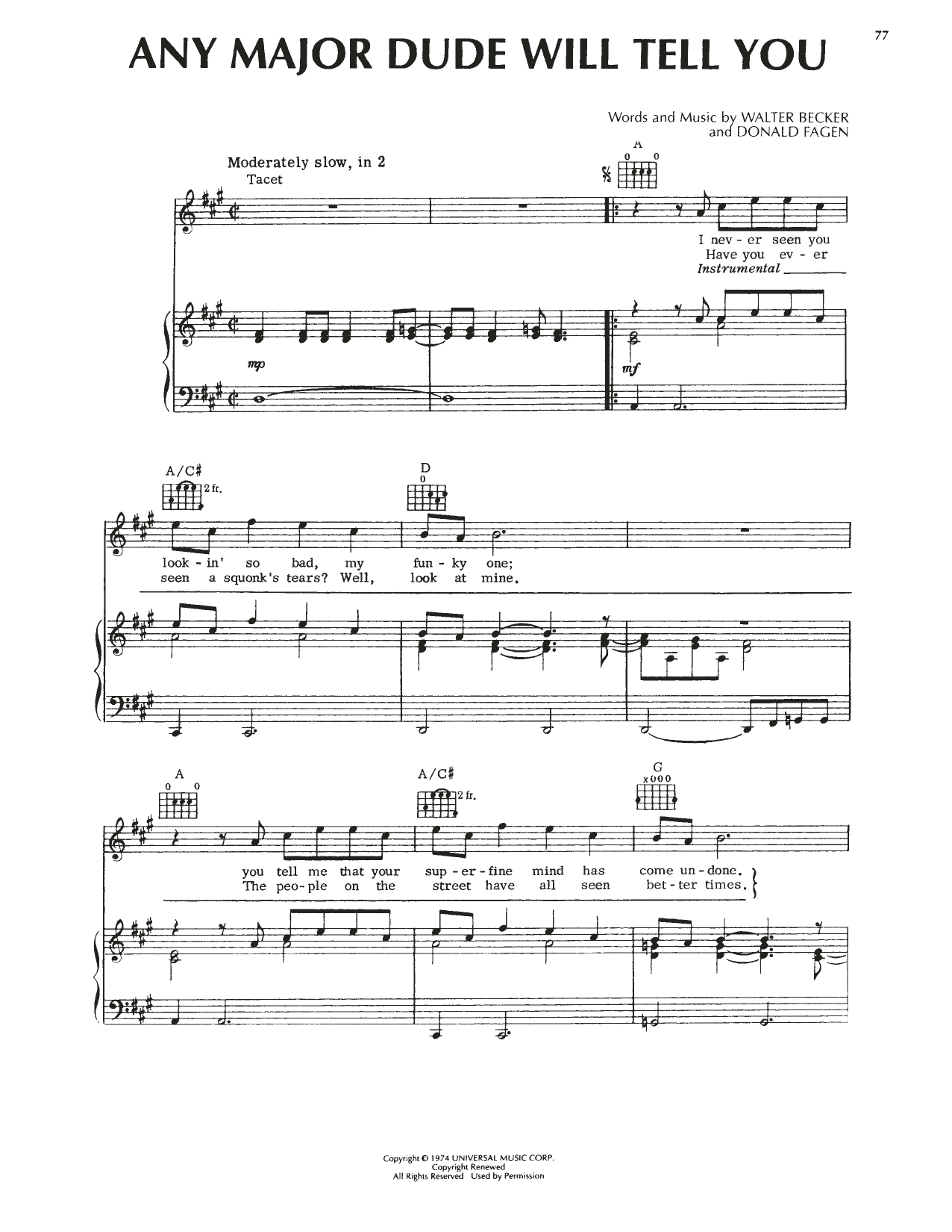 Steely Dan Any Major Dude Will Tell You sheet music notes and chords arranged for Piano, Vocal & Guitar Chords (Right-Hand Melody)