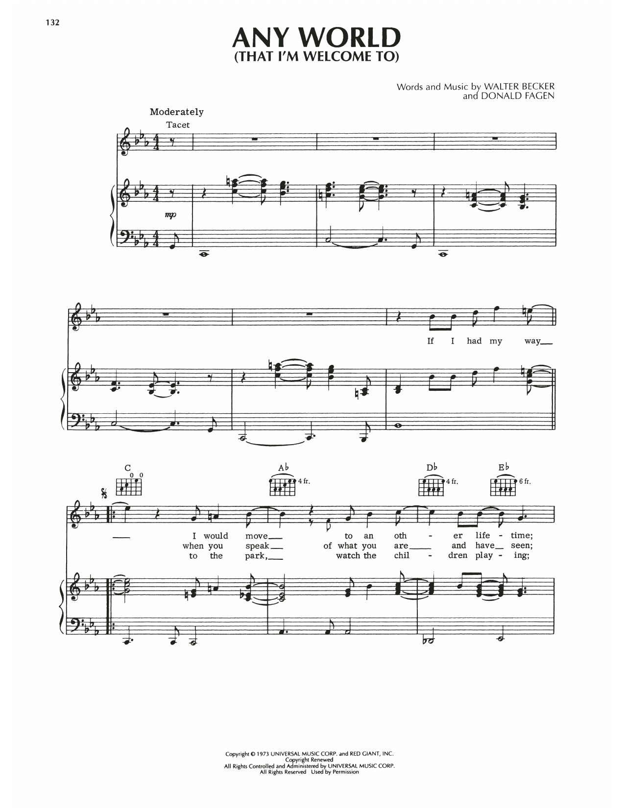 Steely Dan Any World (That I'm Welcome To) sheet music notes and chords arranged for Piano, Vocal & Guitar Chords (Right-Hand Melody)