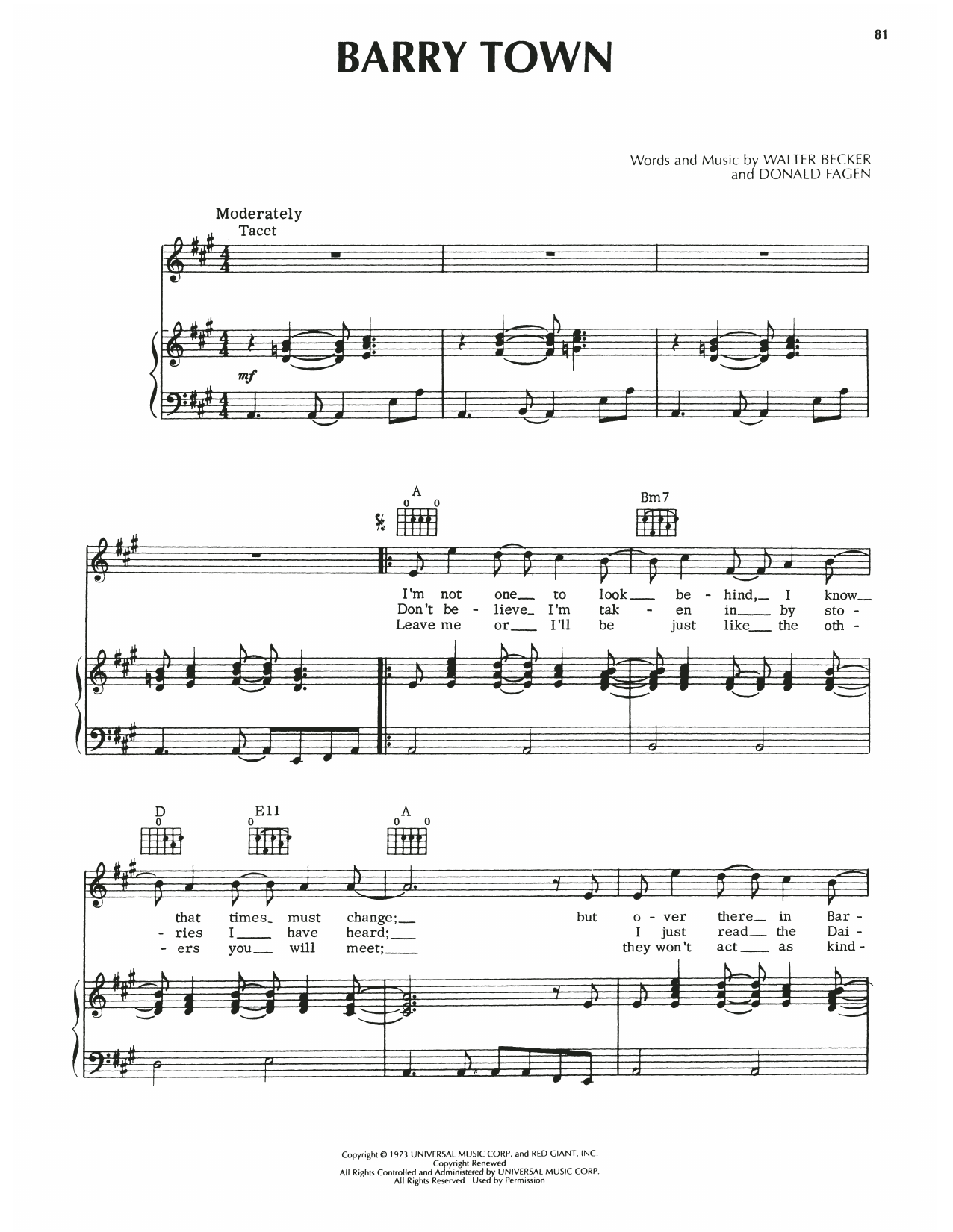 Steely Dan Barry Town sheet music notes and chords arranged for Piano, Vocal & Guitar Chords (Right-Hand Melody)