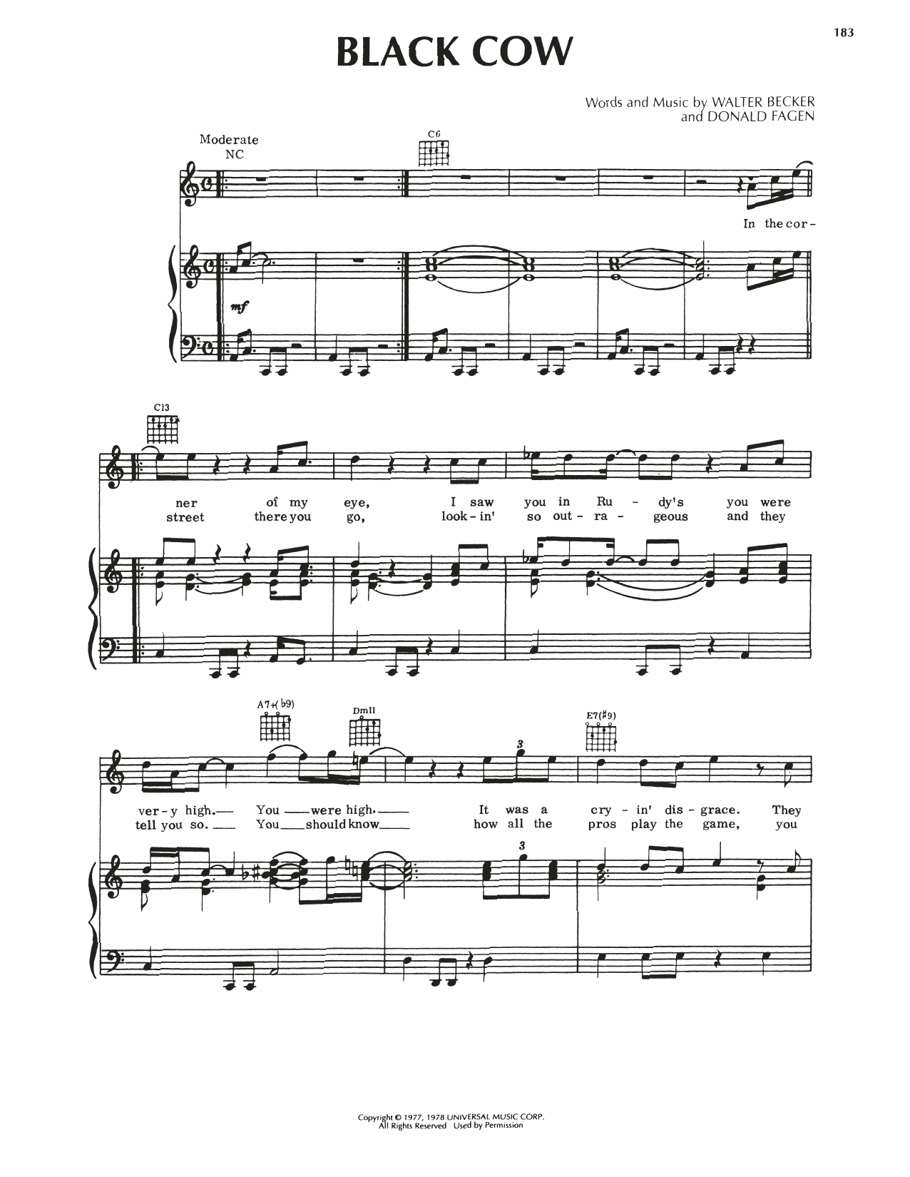 Steely Dan Black Cow sheet music notes and chords arranged for Piano, Vocal & Guitar Chords (Right-Hand Melody)