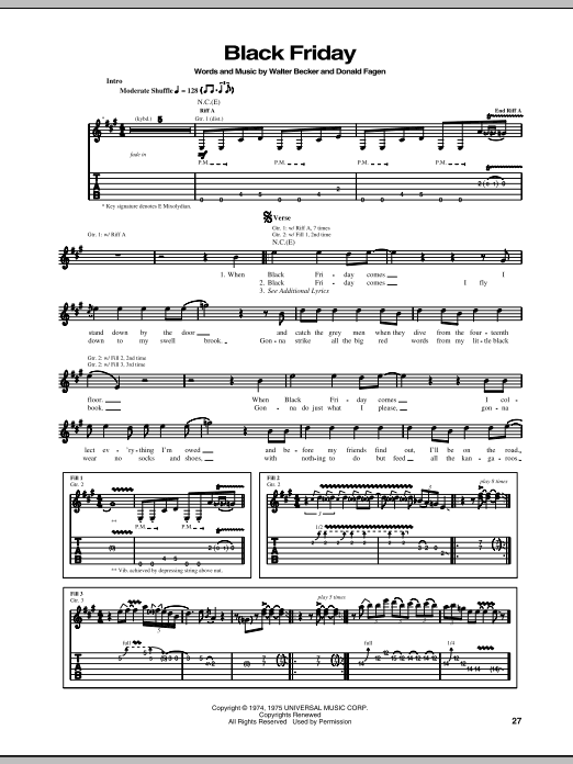 Steely Dan Black Friday sheet music notes and chords arranged for Piano, Vocal & Guitar Chords (Right-Hand Melody)