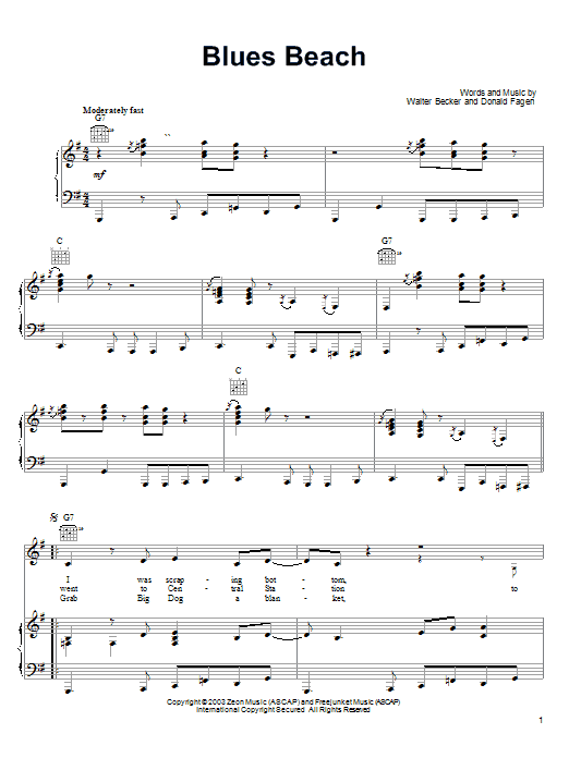 Steely Dan Blues Beach sheet music notes and chords arranged for Piano, Vocal & Guitar Chords (Right-Hand Melody)
