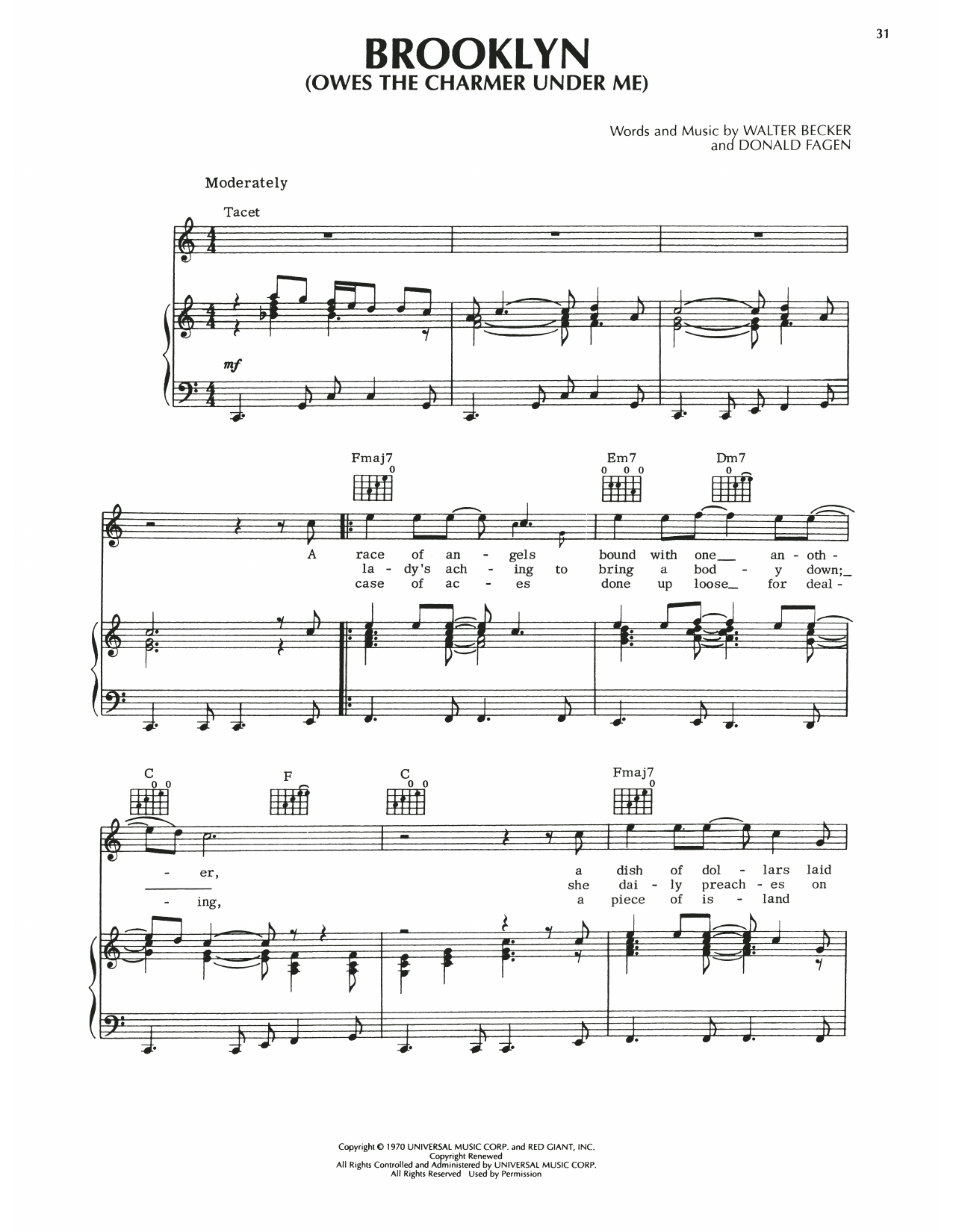 Steely Dan Brooklyn (Owes The Charmer Under Me) sheet music notes and chords arranged for Piano, Vocal & Guitar Chords (Right-Hand Melody)