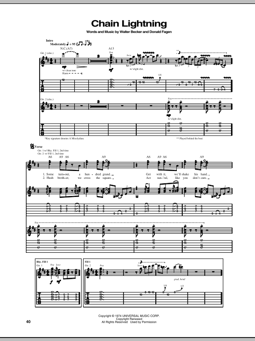 Steely Dan Chain Lightning sheet music notes and chords arranged for Piano, Vocal & Guitar Chords (Right-Hand Melody)