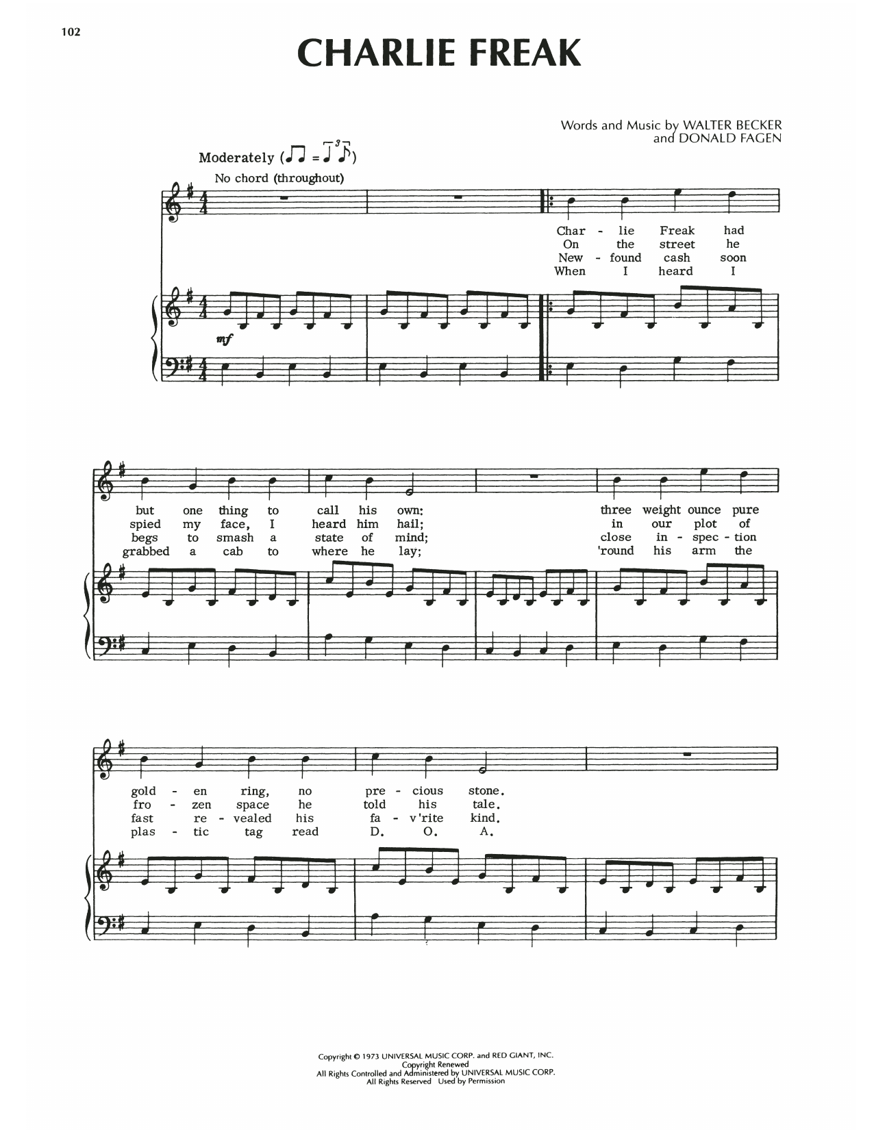 Steely Dan Charlie Freak sheet music notes and chords arranged for Piano, Vocal & Guitar Chords (Right-Hand Melody)