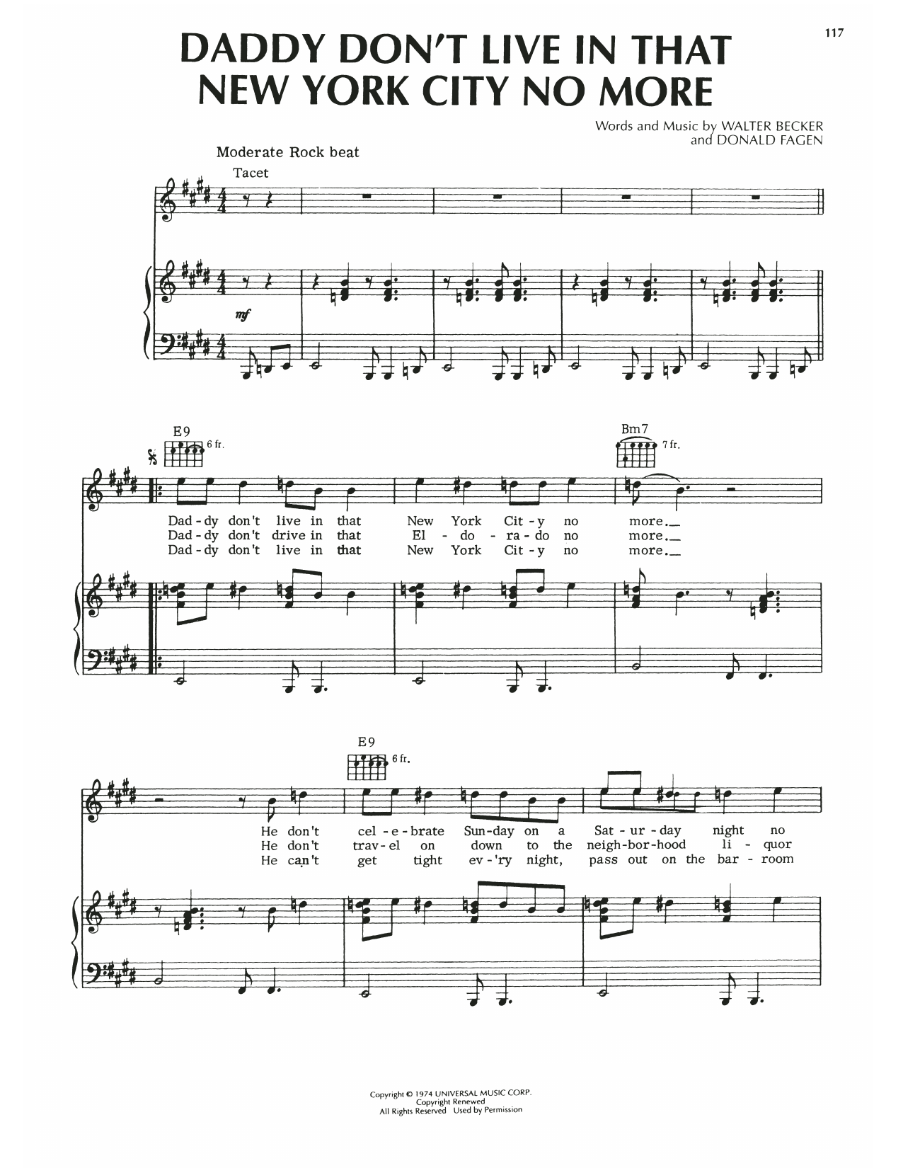 Steely Dan Daddy Don't Live In That New York City No More sheet music notes and chords arranged for Piano, Vocal & Guitar Chords (Right-Hand Melody)