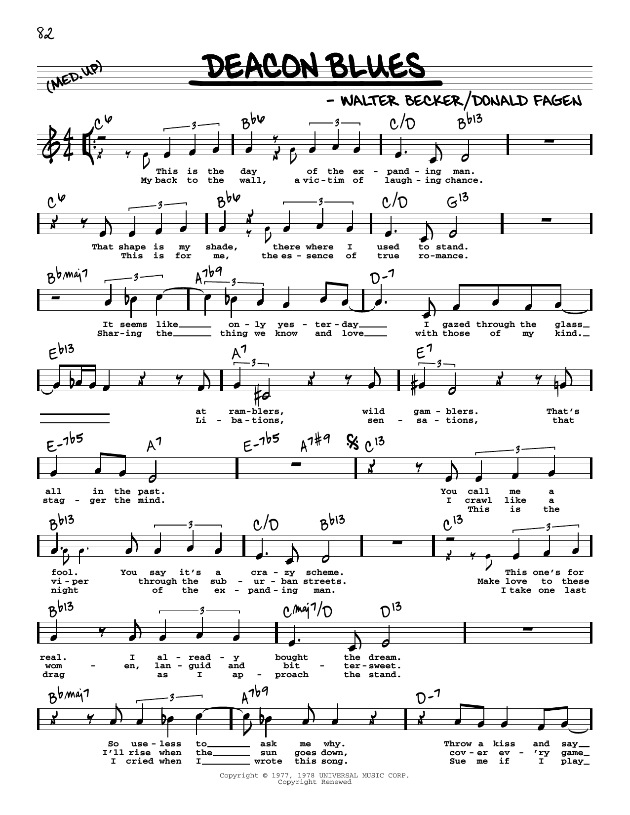 Steely Dan Deacon Blues (High Voice) sheet music notes and chords arranged for Real Book – Melody, Lyrics & Chords