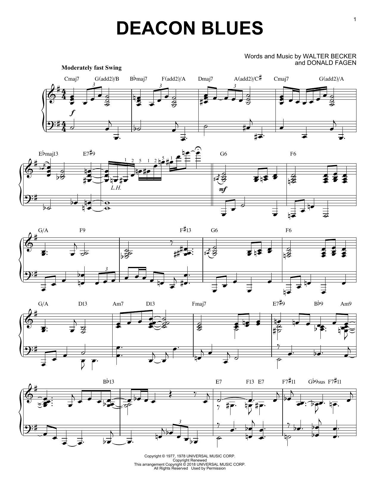 Steely Dan Deacon Blues [Jazz version] sheet music notes and chords arranged for Piano Solo