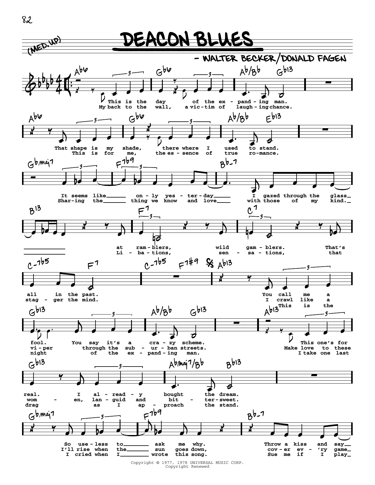 Steely Dan Deacon Blues (Low Voice) sheet music notes and chords arranged for Real Book – Melody, Lyrics & Chords