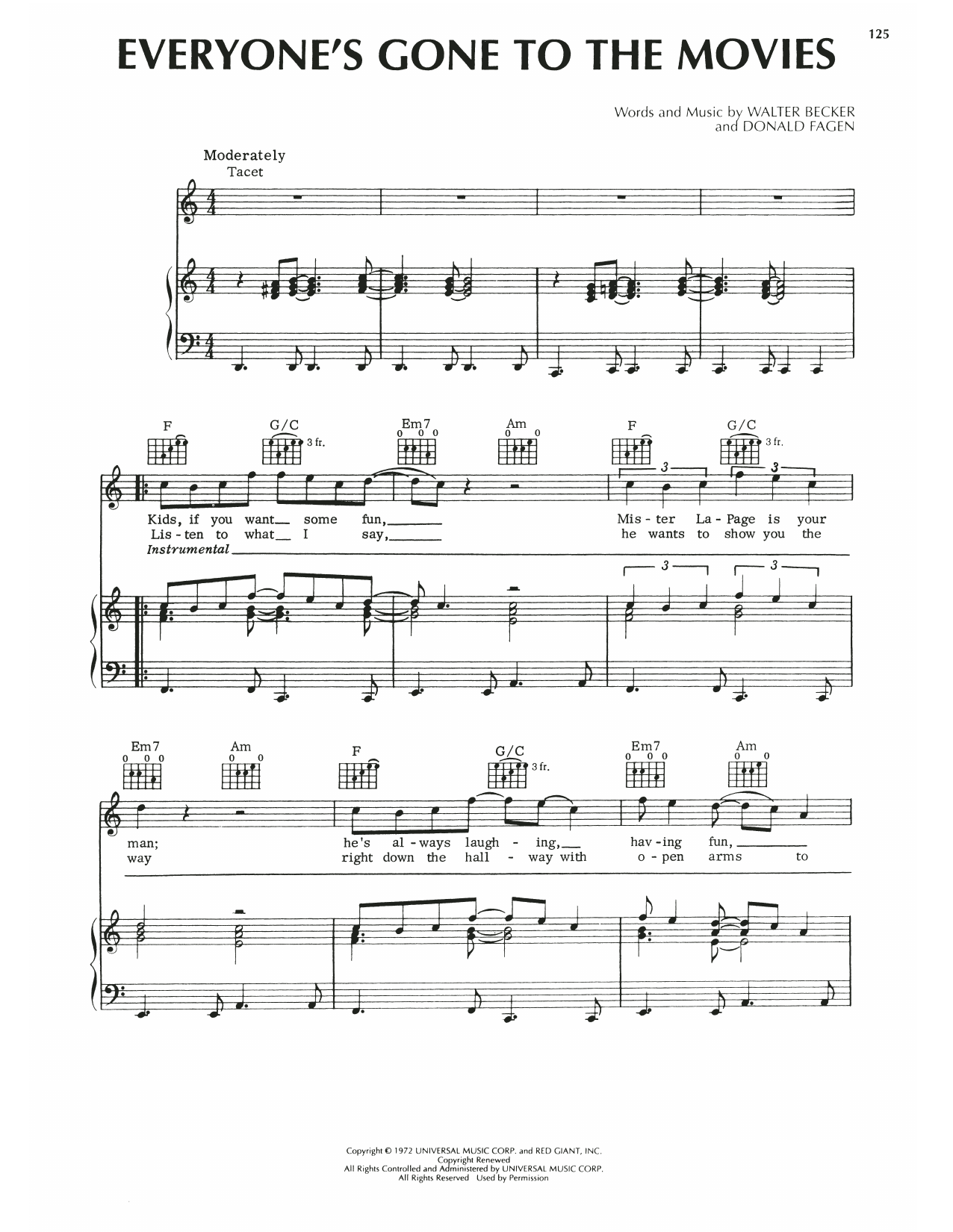Steely Dan Everyone's Gone To The Movies sheet music notes and chords arranged for Piano, Vocal & Guitar Chords (Right-Hand Melody)