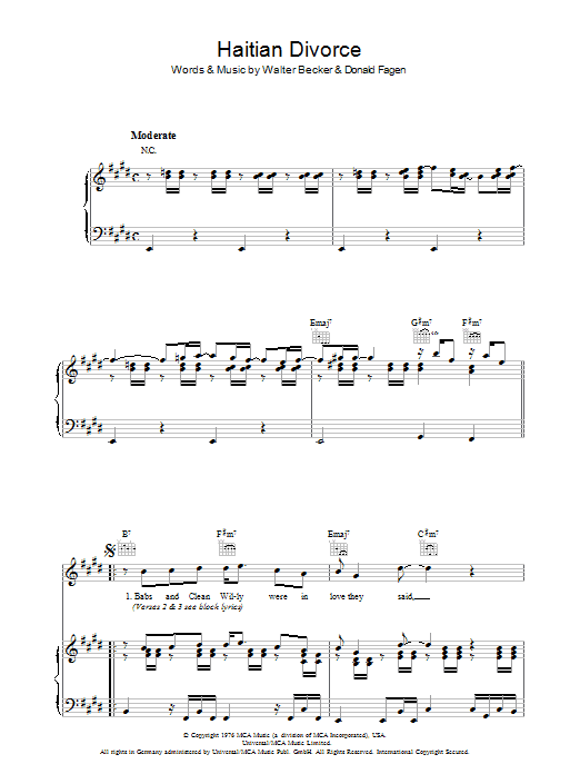 Steely Dan Haitian Divorce sheet music notes and chords arranged for Piano, Vocal & Guitar Chords (Right-Hand Melody)