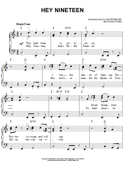 Steely Dan Hey Nineteen sheet music notes and chords arranged for Piano, Vocal & Guitar Chords (Right-Hand Melody)