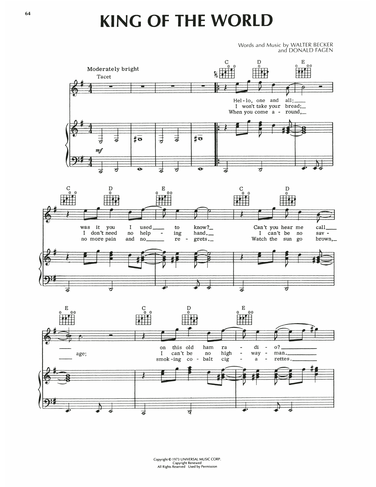 Steely Dan King Of The World sheet music notes and chords arranged for Piano, Vocal & Guitar Chords (Right-Hand Melody)