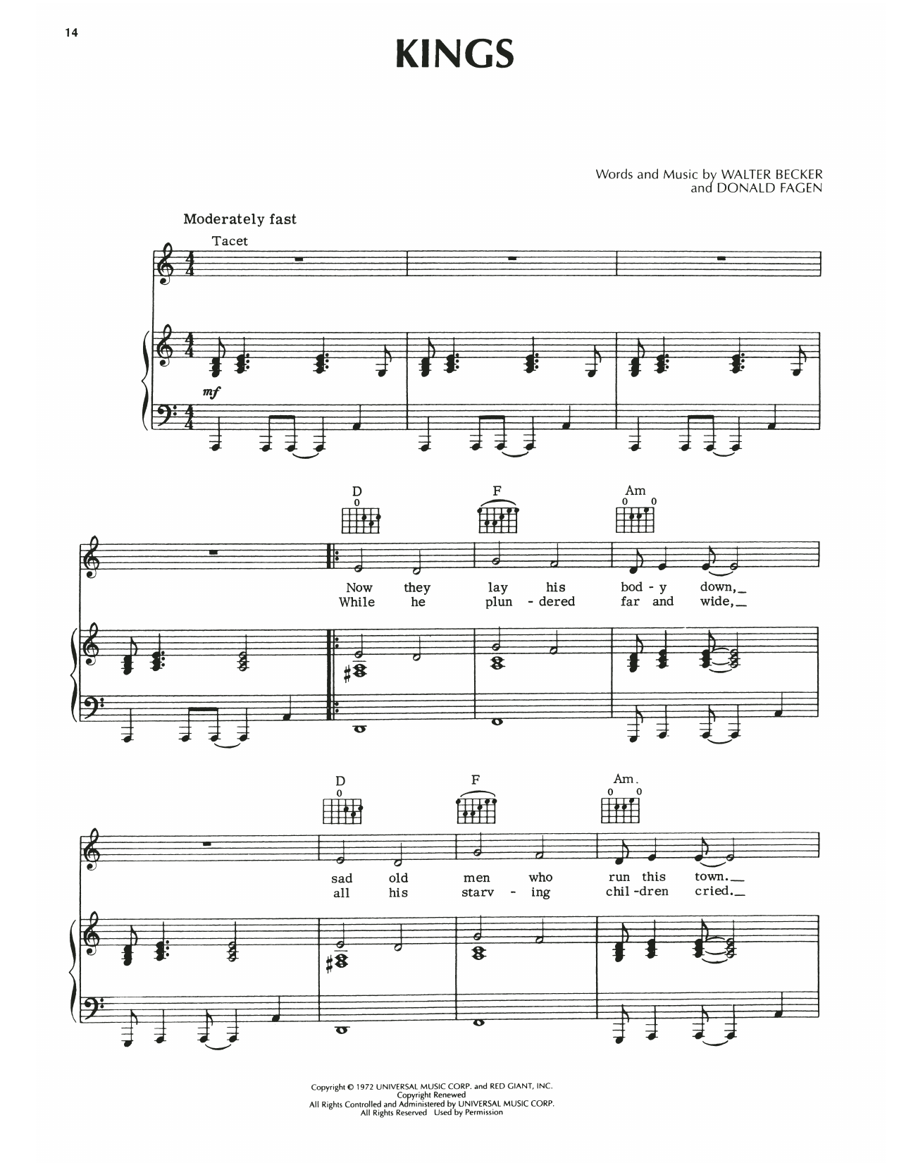 Steely Dan Kings sheet music notes and chords arranged for Piano, Vocal & Guitar Chords (Right-Hand Melody)