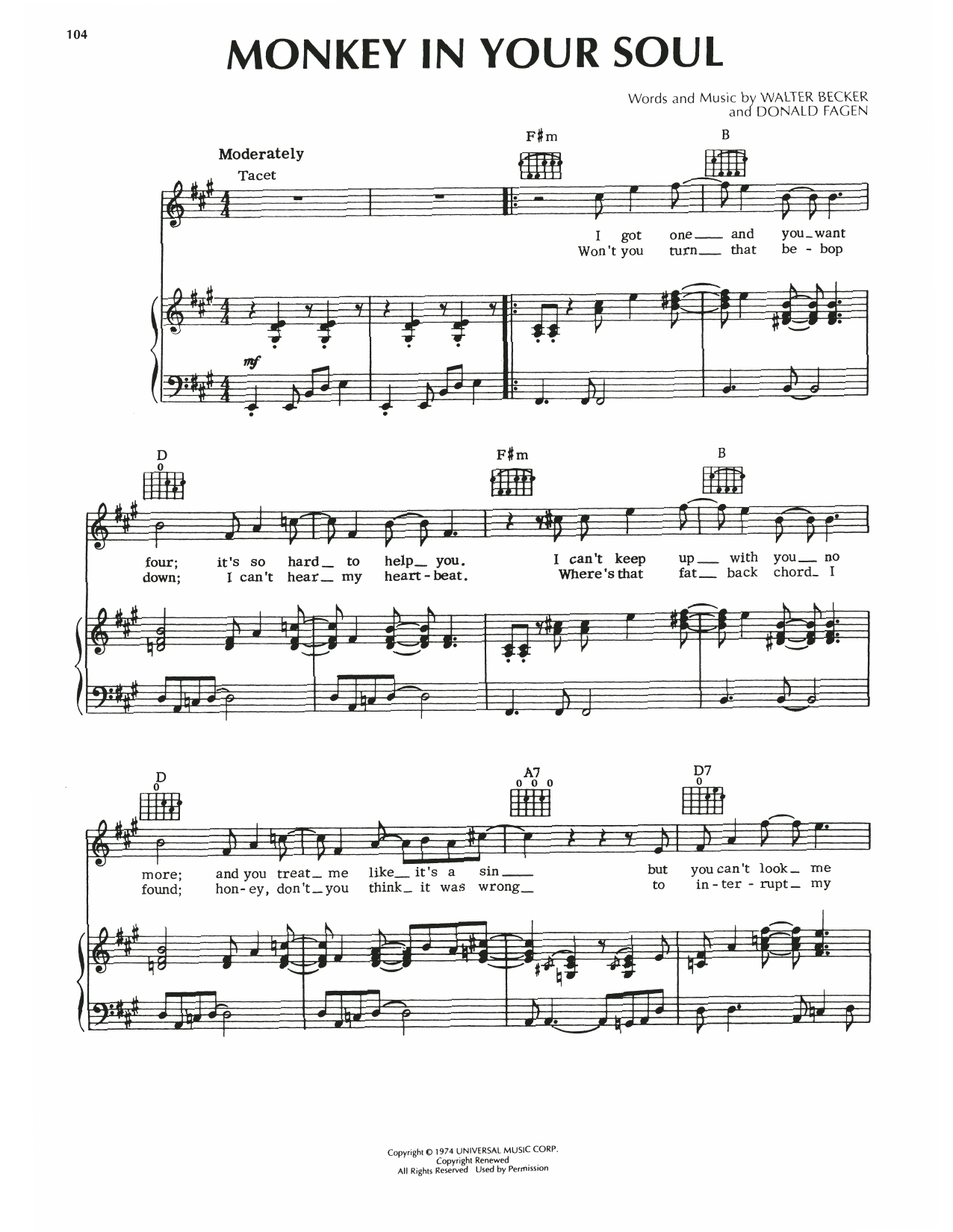 Steely Dan Monkey In Your Soul sheet music notes and chords arranged for Piano, Vocal & Guitar Chords (Right-Hand Melody)