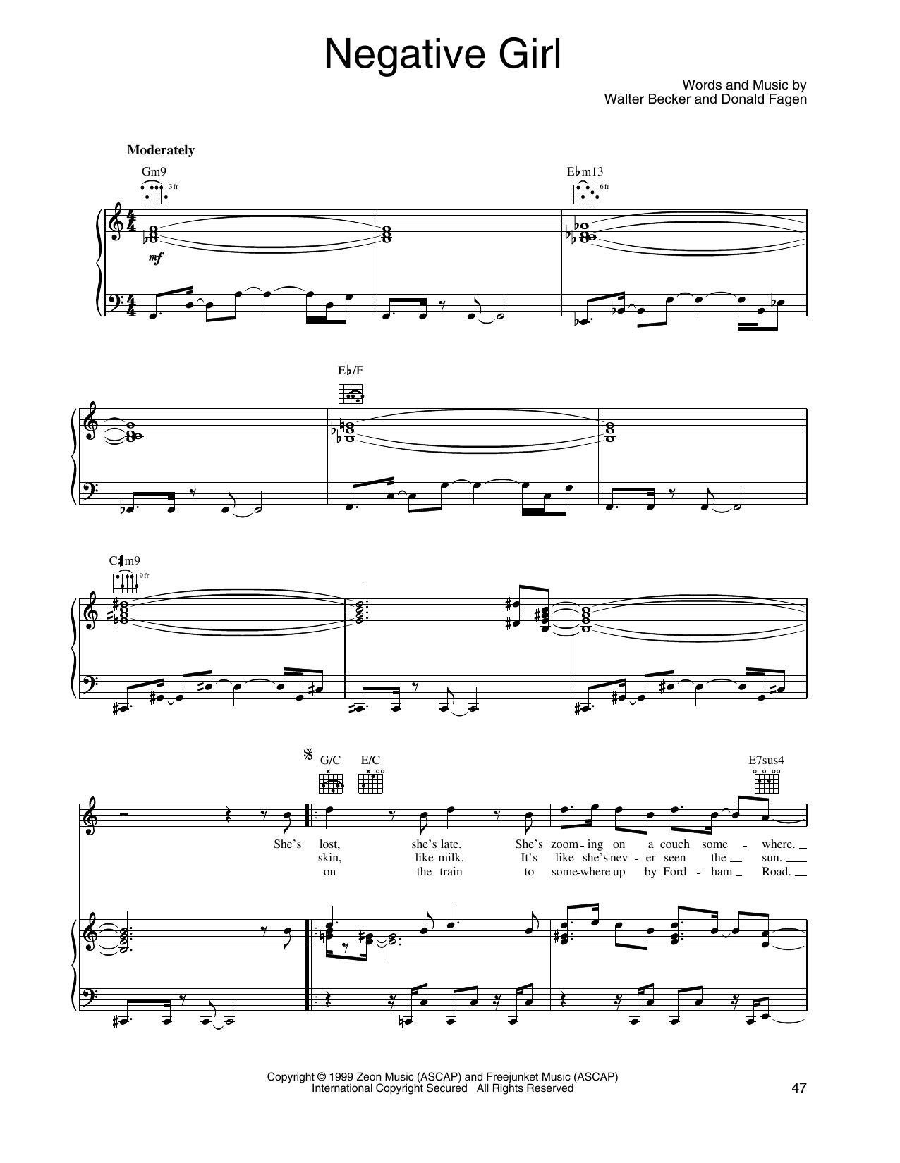 Steely Dan Negative Girl sheet music notes and chords arranged for Piano, Vocal & Guitar Chords (Right-Hand Melody)