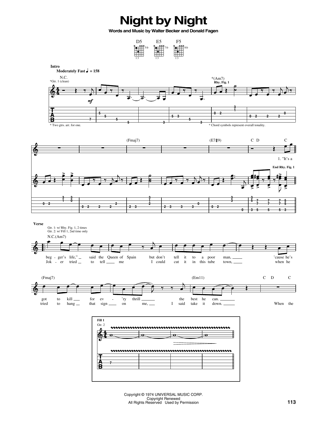 Steely Dan Night By Night sheet music notes and chords arranged for Piano, Vocal & Guitar Chords (Right-Hand Melody)