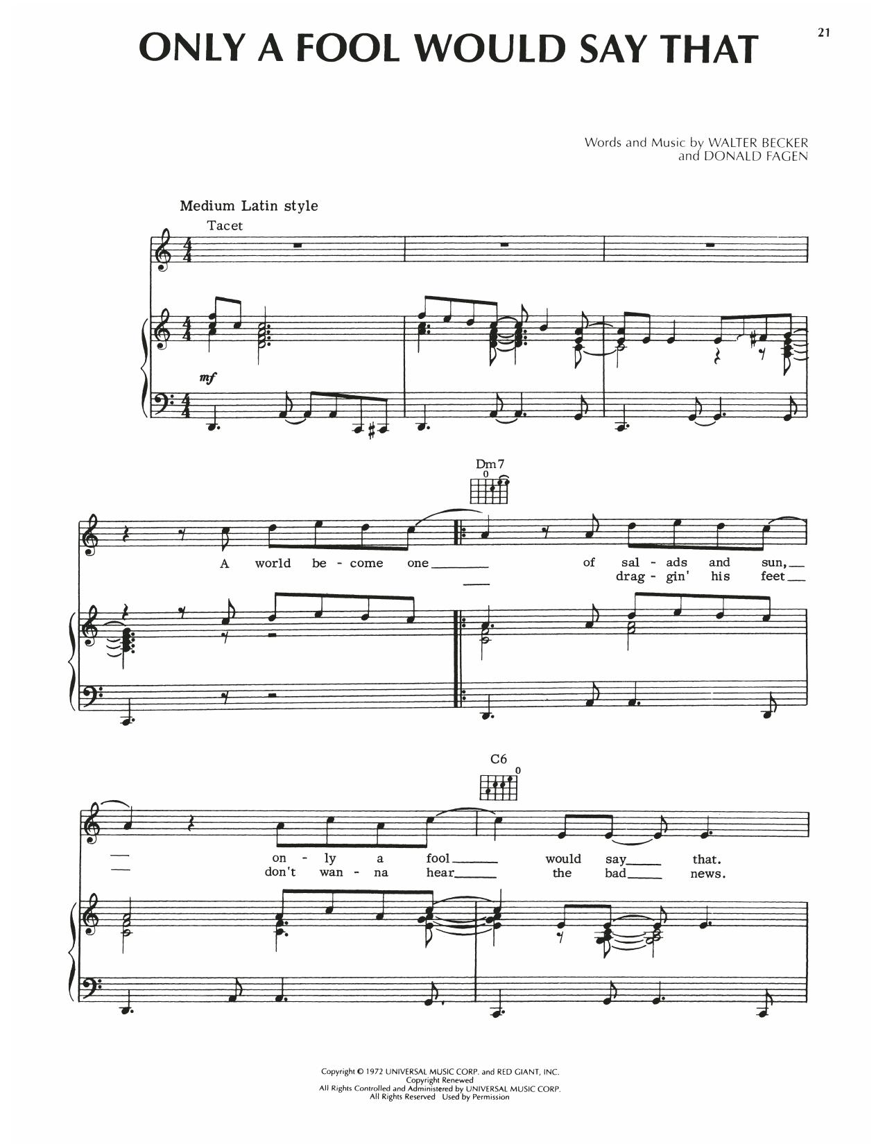 Steely Dan Only A Fool Would Say That sheet music notes and chords arranged for Piano, Vocal & Guitar Chords (Right-Hand Melody)