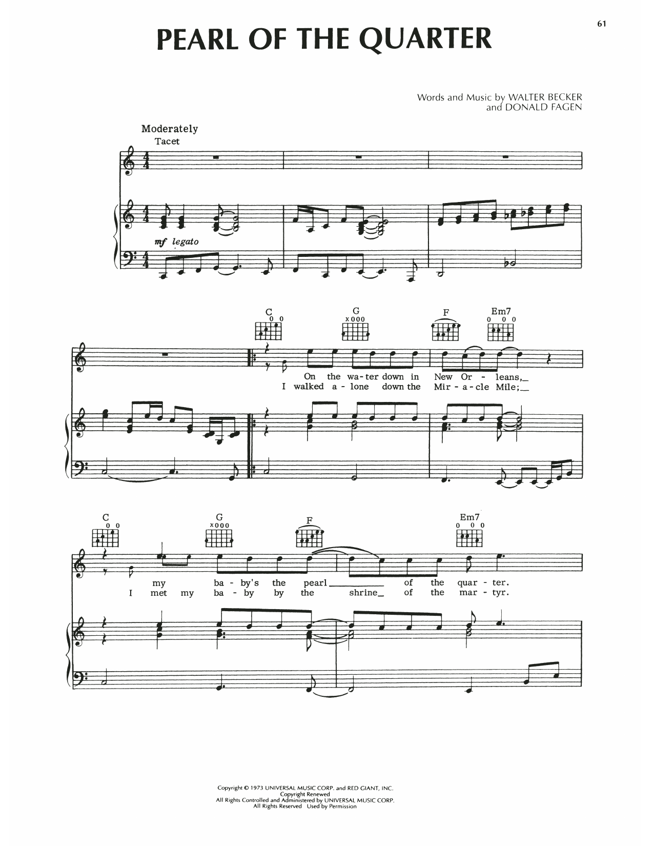 Steely Dan Pearl Of The Quarter sheet music notes and chords arranged for Piano, Vocal & Guitar Chords (Right-Hand Melody)