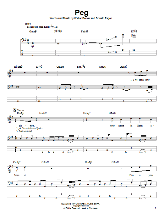 Steely Dan Peg sheet music notes and chords arranged for Bass Guitar Tab