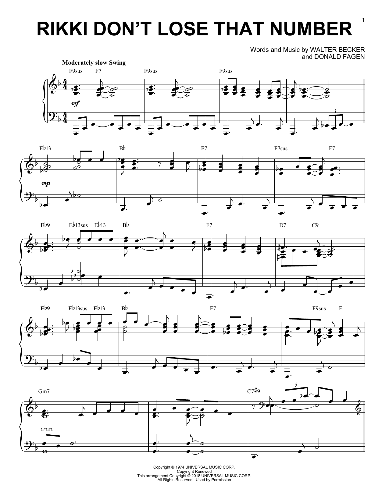 Steely Dan Rikki Don't Lose That Number [Jazz version] sheet music notes and chords arranged for Piano Solo
