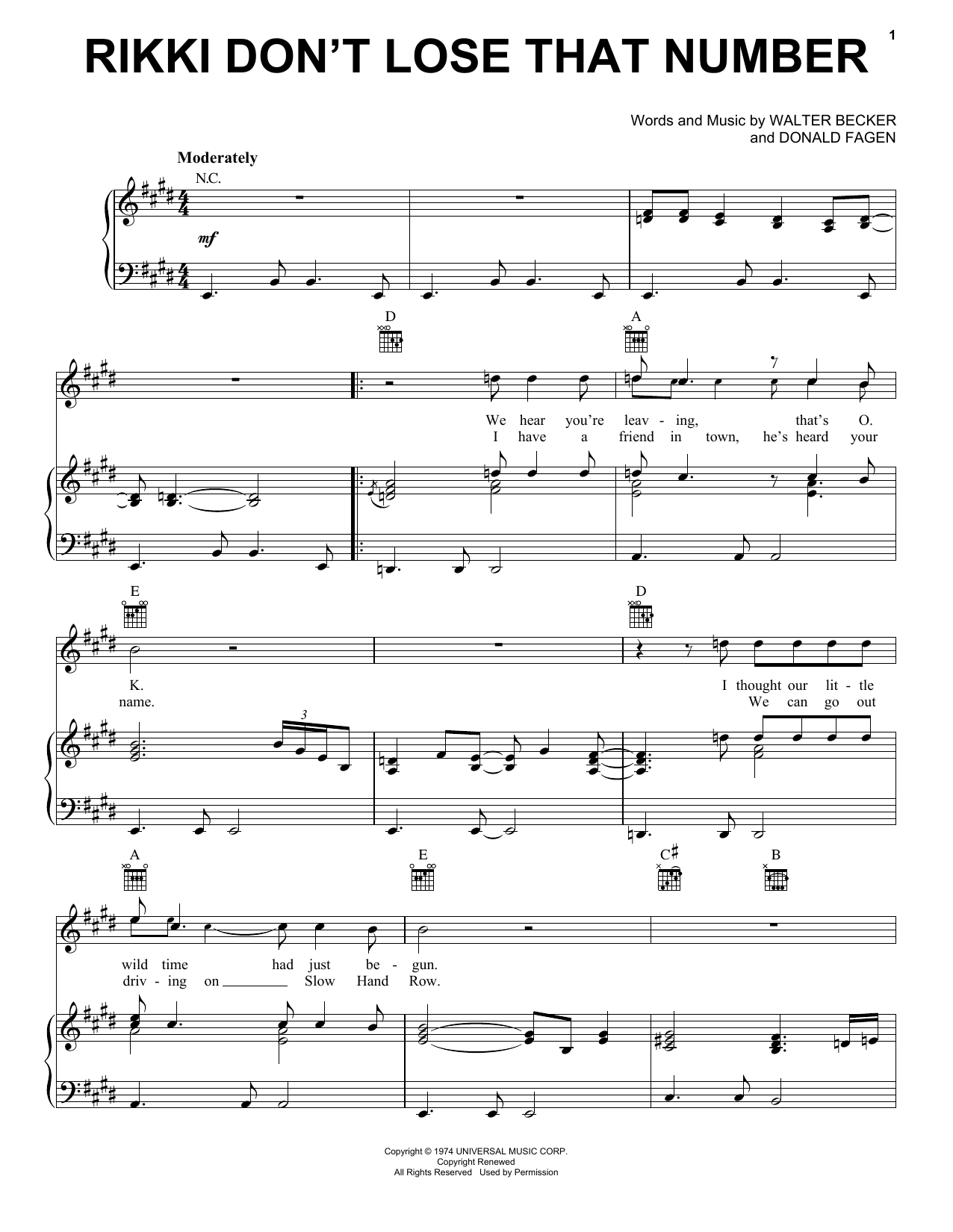 Steely Dan Rikki Don't Lose That Number sheet music notes and chords arranged for Real Book – Melody, Lyrics & Chords