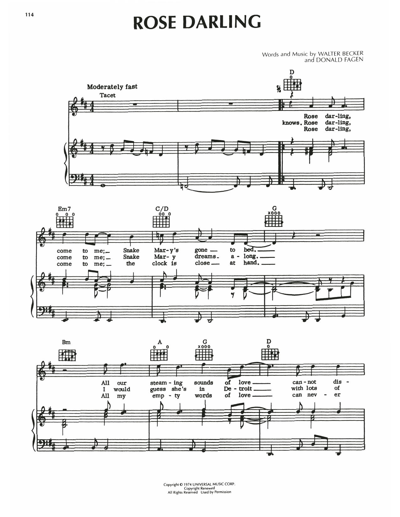 Steely Dan Rose Darling sheet music notes and chords arranged for Piano, Vocal & Guitar Chords (Right-Hand Melody)