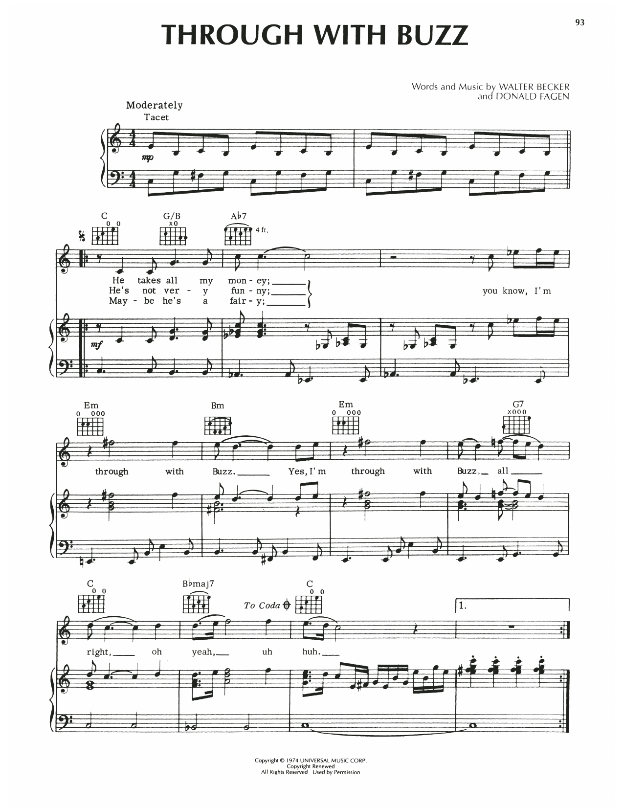 Steely Dan Through With Buzz sheet music notes and chords arranged for Piano, Vocal & Guitar Chords (Right-Hand Melody)