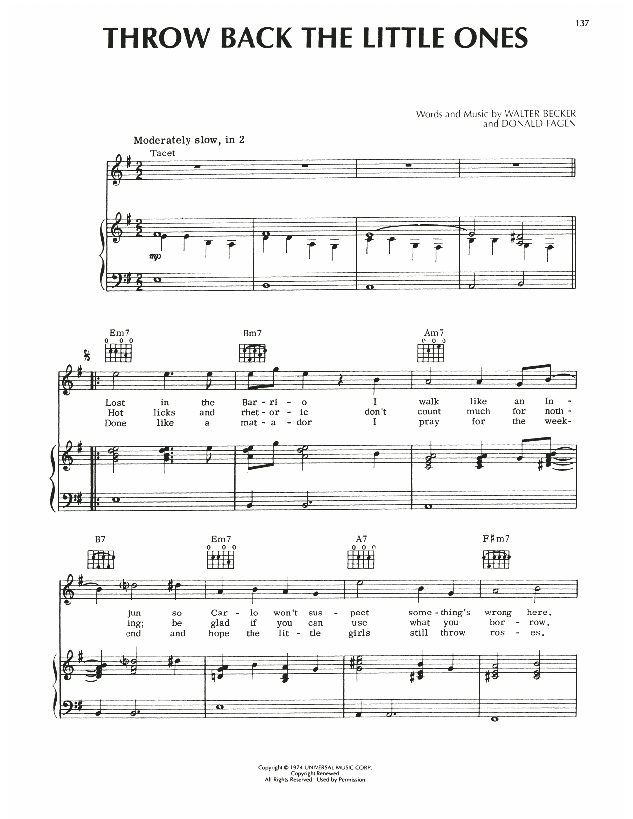 Steely Dan Throw Back The Little Ones sheet music notes and chords arranged for Piano, Vocal & Guitar Chords (Right-Hand Melody)
