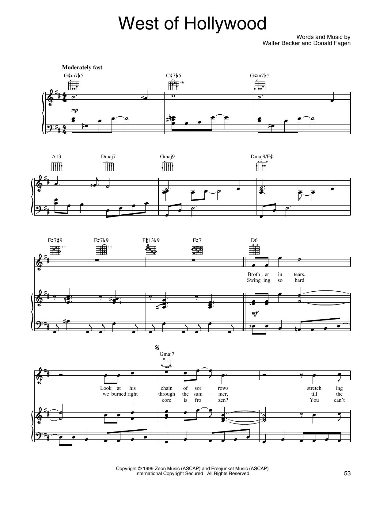 Steely Dan West Of Hollywood sheet music notes and chords arranged for Piano, Vocal & Guitar Chords (Right-Hand Melody)