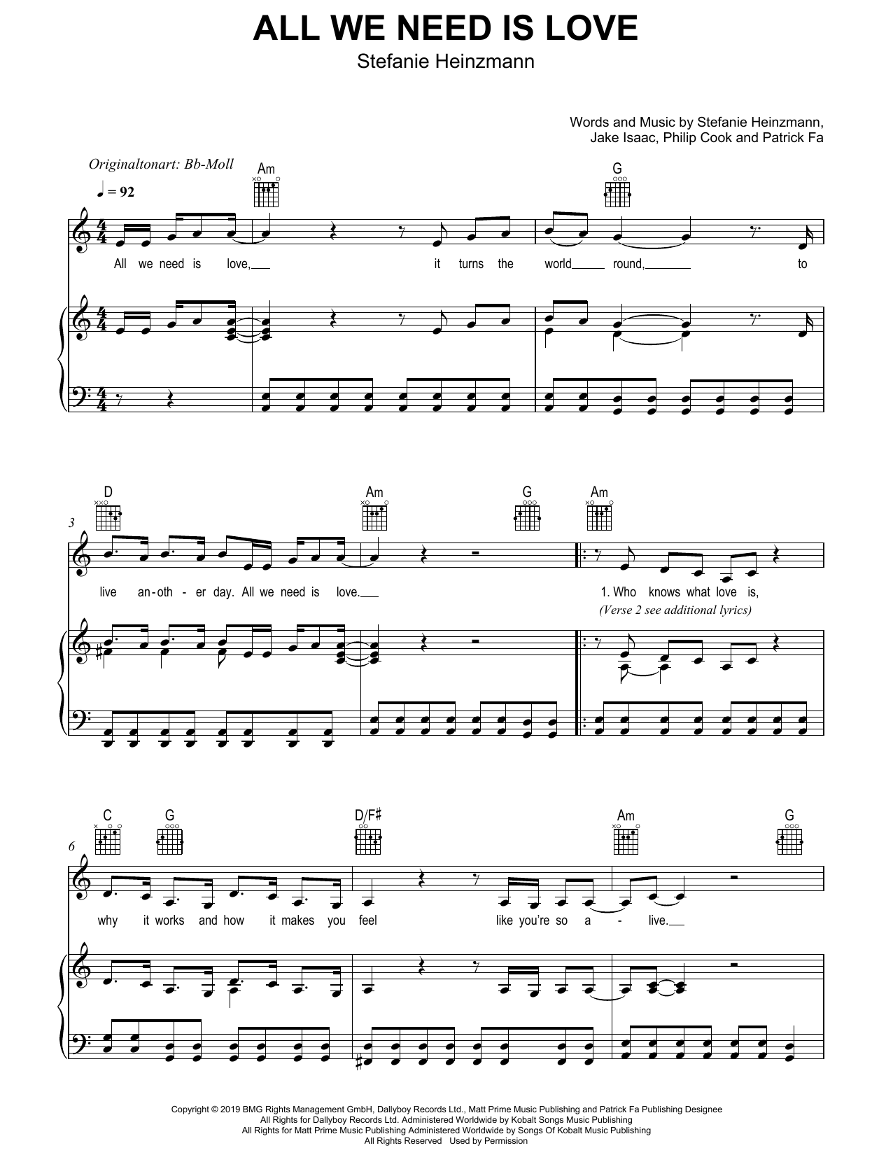 Stefanie Heinzmann All We Need Is Love sheet music notes and chords arranged for Piano, Vocal & Guitar Chords (Right-Hand Melody)