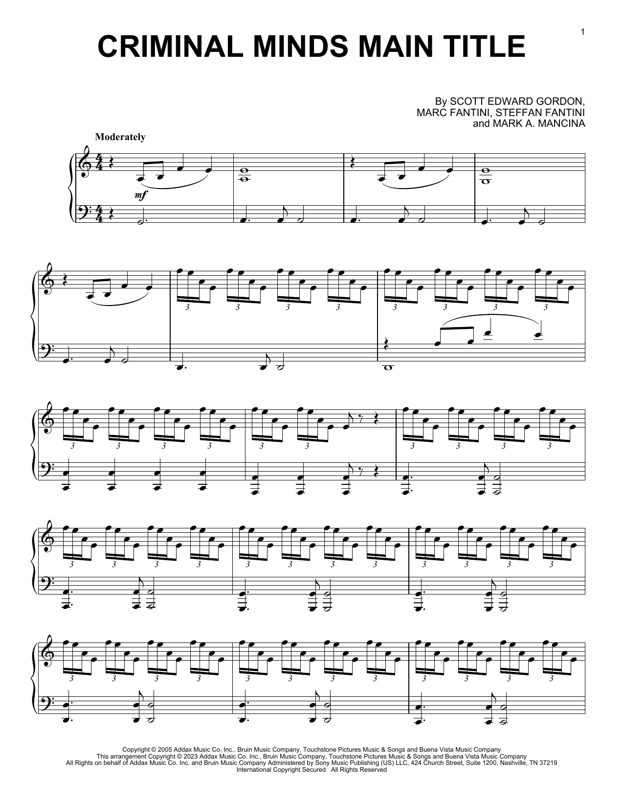 Steffan Fantini Criminal Minds Main Title sheet music notes and chords arranged for Piano Solo